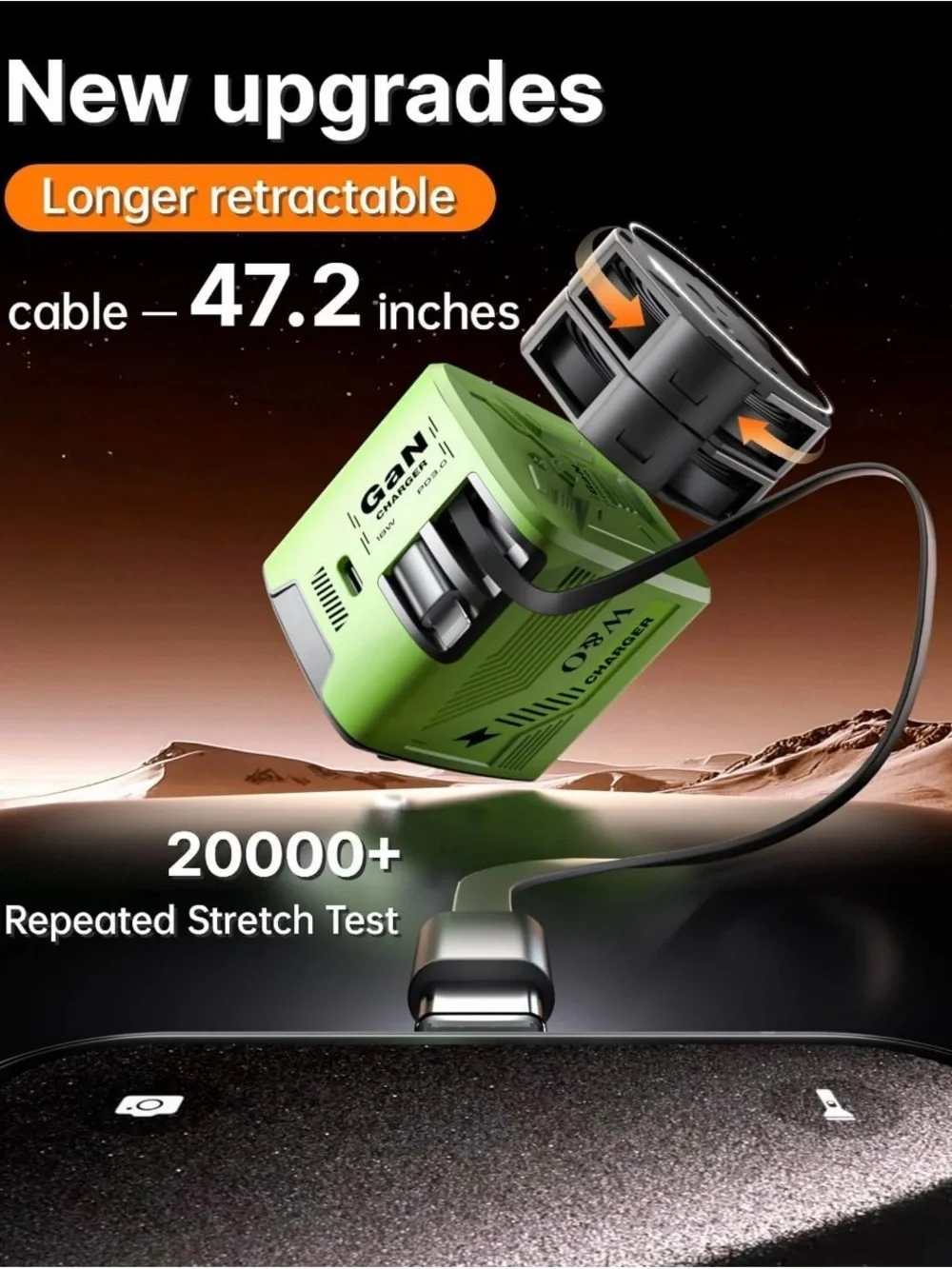 Green GaN Fast USB-C Wall Charger with Built-In Cable